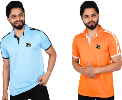 La Milano Striped Men Polo Neck Orange, Blue T-Shirt