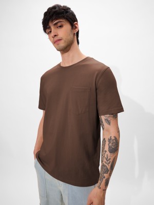 The Souled Store Solid Men Round Neck Brown T-Shirt