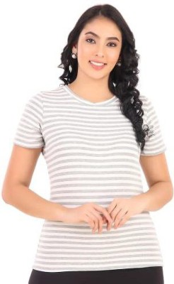 RACKS AND VINES Striped Women Round Neck Grey T-Shirt