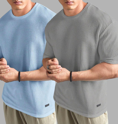 Lets Create Self Design Men Round Neck Grey, Blue T-Shirt