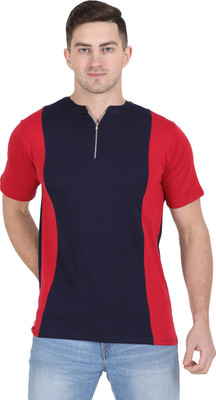 Styvibe Colorblock Men Henley Neck Blue, Maroon T-Shirt