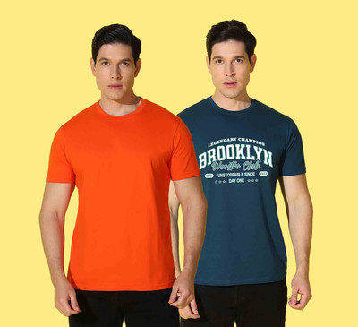 WOOSTRO Printed, Solid Men Round Neck Blue, Orange T-Shirt