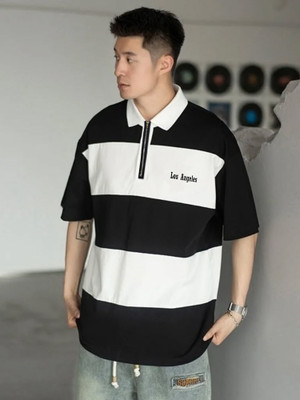 Jump Cuts Printed Men Polo Neck Black, White T-Shirt