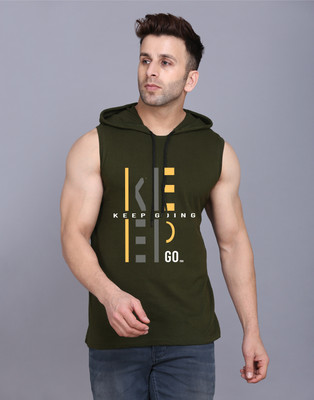 Cryptic Typography Men Hooded Neck Dark Green T-Shirt
