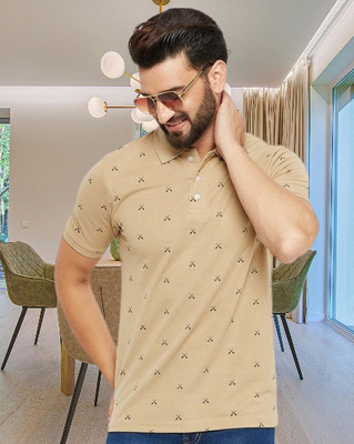 EMERALD APPAREL TRADING Printed Men Polo Neck Beige T-Shirt