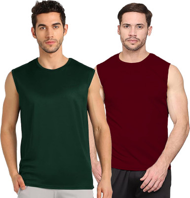 Renowned Solid Men Round Neck Green, Maroon T-Shirt