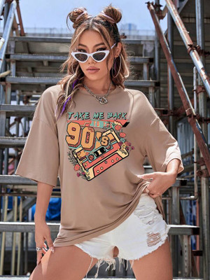 QUIN FLETCHER Printed Women Round Neck Beige T-Shirt