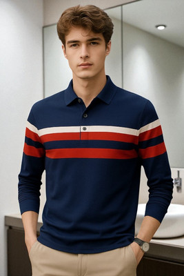 Bolderift Solid Men Polo Neck Navy Blue T-Shirt