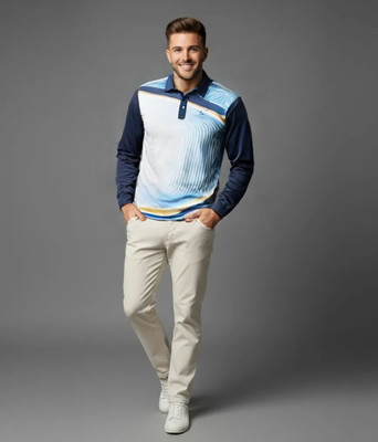 lookswala Printed Men Polo Neck Blue T-Shirt