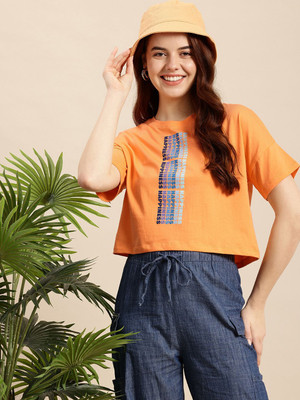 Mast & Harbour Printed Women Round Neck Orange T-Shirt