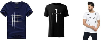 ATTITUDE START OF FASHION Printed Men Round Neck White, Blue, Black T-Shirt