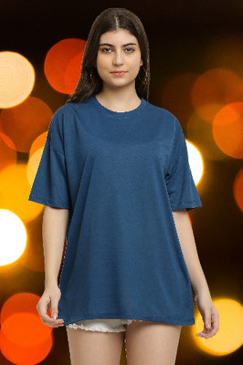 CANIDAE Solid Women Round Neck Light Blue T-Shirt