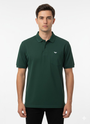 VOMAZO Solid Men Polo Neck Dark Green T-Shirt