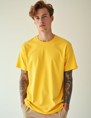 KMBCO Solid Men Round Neck Yellow T-Shirt