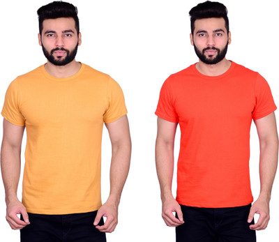 Cousin's Solid Men Round Neck Orange, Beige T-Shirt