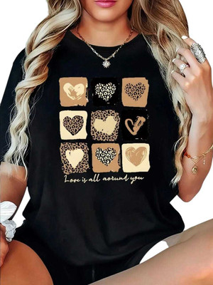 V-Mens Printed Women Round Neck Black T-Shirt