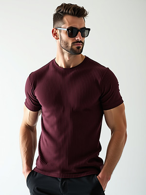 TeeWink Self Design Men Round Neck Maroon T-Shirt