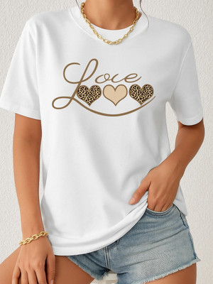 SLENOR Printed Women Round Neck White T-Shirt