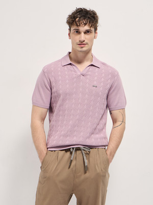 THE BEAR HOUSE Self Design Men Polo Neck Pink T-Shirt