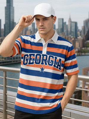 MANIAC Printed Men Polo Neck Orange, Dark Blue T-Shirt