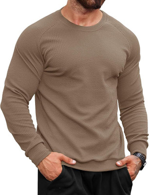 HouseOfCommon Self Design Men Round Neck Brown T-Shirt
