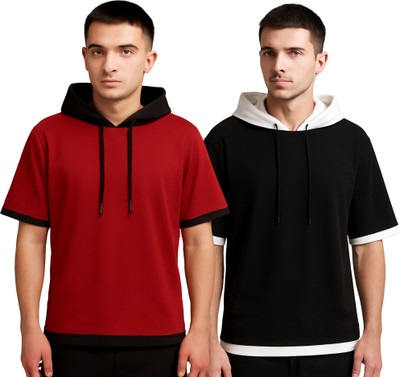 LILBITS Solid Men Hooded Neck Black, Maroon T-Shirt