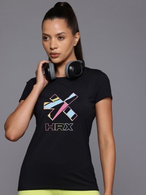 HRX by Hrithik Roshan Printed Women Round Neck Black T-Shirt