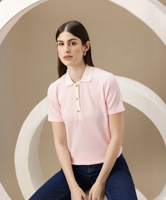 CHEMISTRY Solid Women Polo Neck Pink T-Shirt