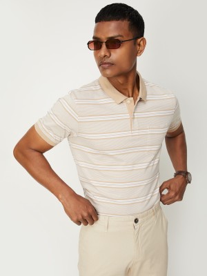 MAX Striped Men Polo Neck Beige T-Shirt