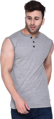 Trendfull Solid Men Henley Neck Silver T-Shirt