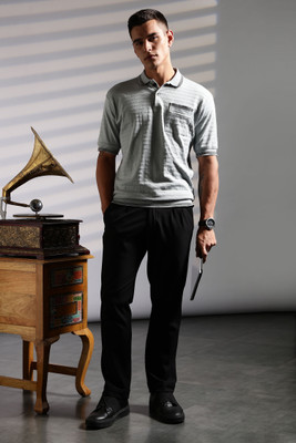 Eszett Self Design Men Polo Neck Grey T-Shirt