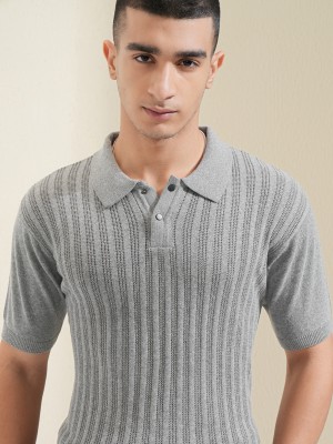 HIGHLANDER Self Design Men Polo Neck Grey T-Shirt