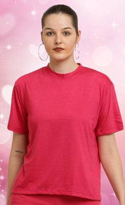 elegance redefined Solid Women Round Neck Pink T-Shirt