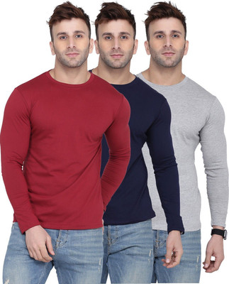 Kroptee Solid Men Round Neck Dark Blue, Maroon, Grey T-Shirt