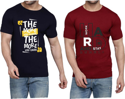 WOOSTRO Typography Men Round Neck Dark Blue, Maroon T-Shirt