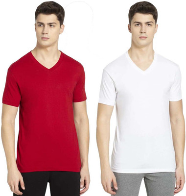 JOCKEY Solid Men V Neck Red, White T-Shirt