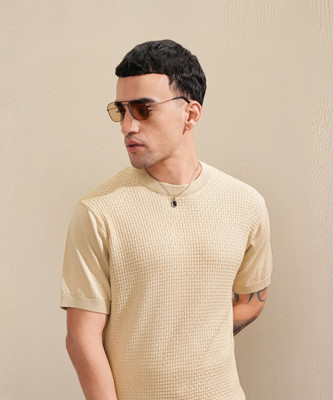 HIGHLANDER Self Design Men Round Neck Beige T-Shirt