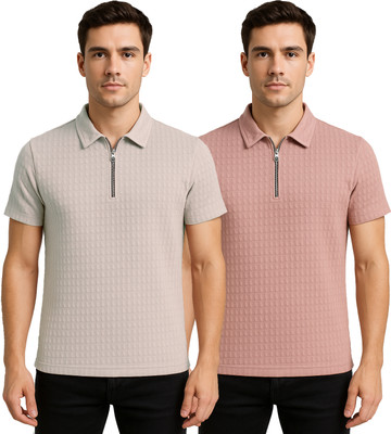 KEOTI Self Design Men Zip Neck Grey, Pink T-Shirt