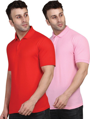 INKKR Solid Men Polo Neck Red, Pink T-Shirt