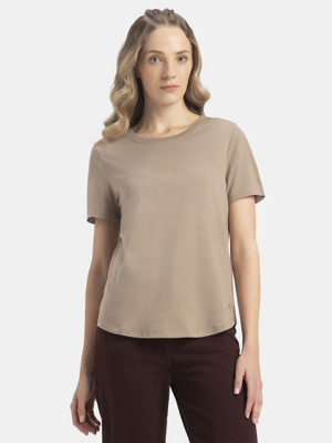 JOCKEY Solid Women Round Neck Beige T-Shirt