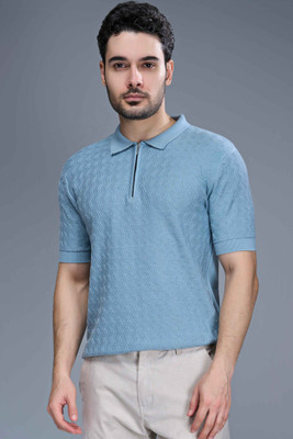Maxzone Self Design Men Zip Neck Blue T-Shirt