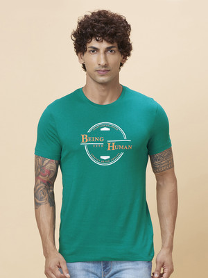 BEING HUMAN Printed, Typography Men Round Neck Blue T-Shirt