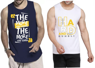 WOOSTRO Printed Men Scoop Neck Dark Blue, White T-Shirt