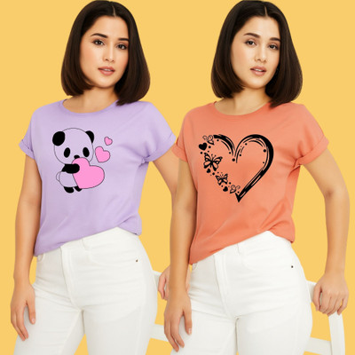 Kintu Parantu Printed Women Round Neck Purple, Pink T-Shirt