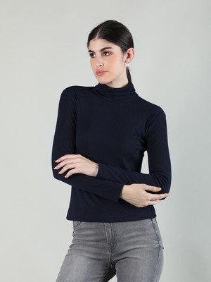 Kepa Solid Women High Neck Navy Blue T-Shirt