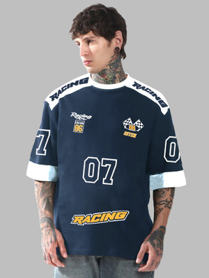 Jump Cuts Printed Men Round Neck Navy Blue T-Shirt