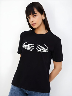 Moda Rapido Printed Women Round Neck Black T-Shirt