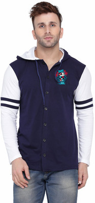 Blisstone Solid Men Hooded Neck Dark Blue, White T-Shirt