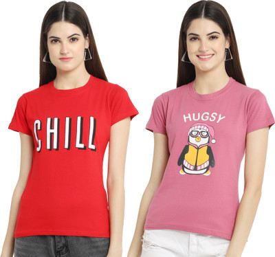 Tromko Printed Women Round Neck Pink, Red T-Shirt