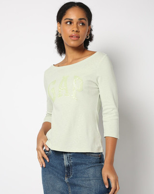 GAP Solid Women Boat Neck Light Green T-Shirt